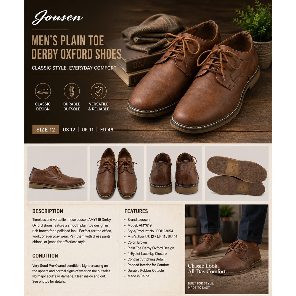 Jousen Men's Brown Plain Toe Derby Oxford Dress Casual Shoes Size 12 – AMY619